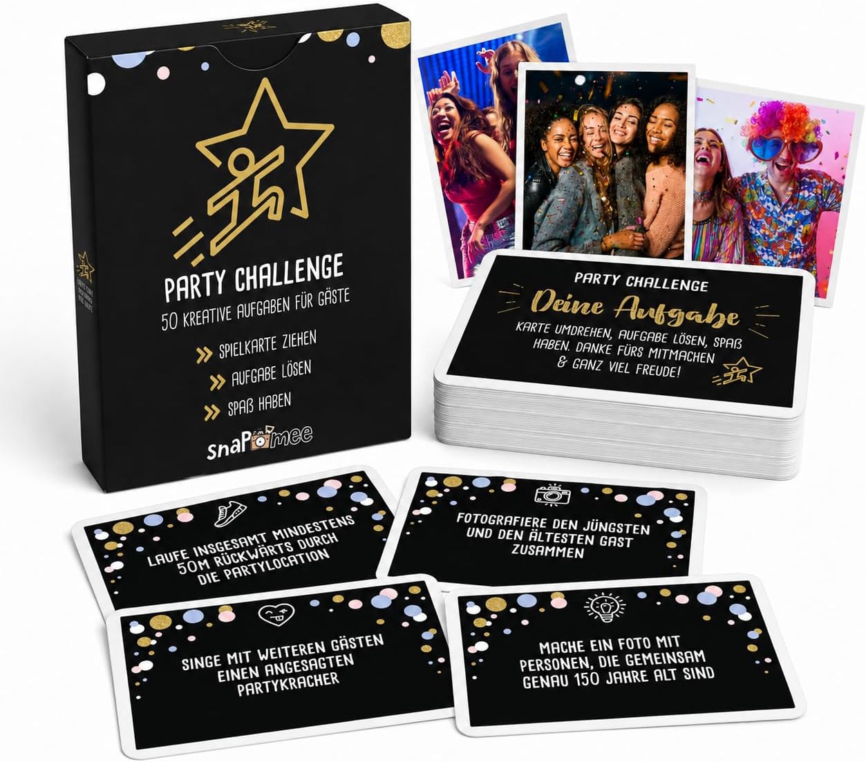Party Challenge by snaPmee - Game Birthday Wedding Confirmation Youth Initiation New Year's Eve - 50 Tasks in 8 Categories - Party Game for Guests