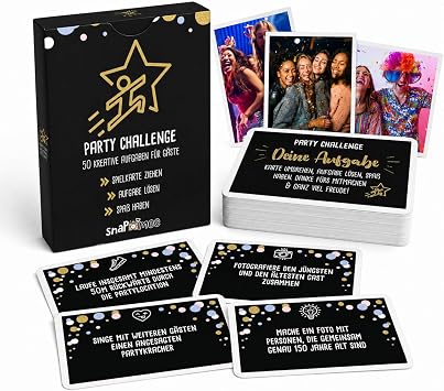 Party Challenge by snaPmee - Game Birthday, Wedding, Confirmation, Youth Initiation, New Year's Eve - 50 Tasks in 8 Categories - Party Game for Guests