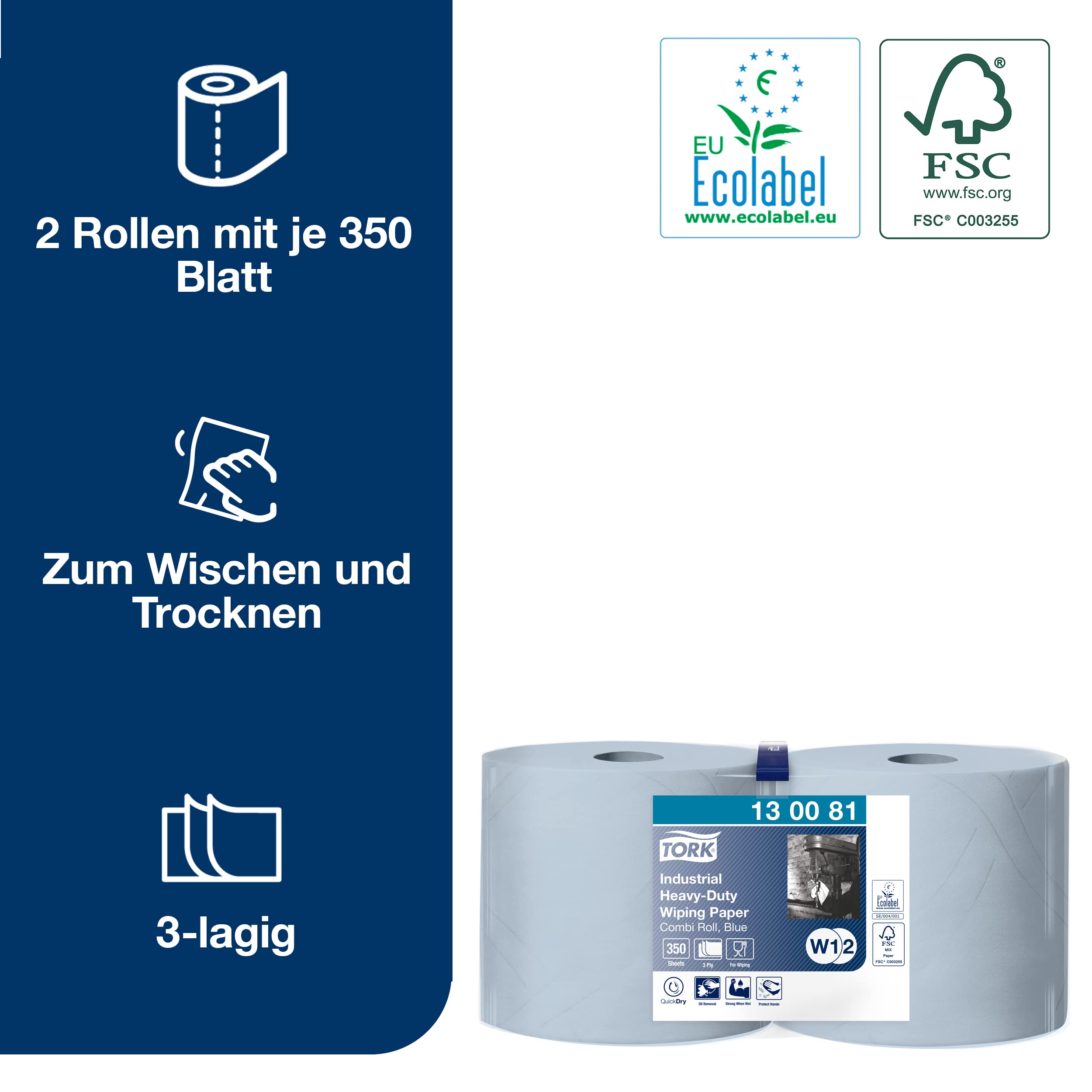 Tork Extra Starke Industrie Papierwischtücher Blau W1/2, Schützen Hände, 2 × 350 Blatt, 130081