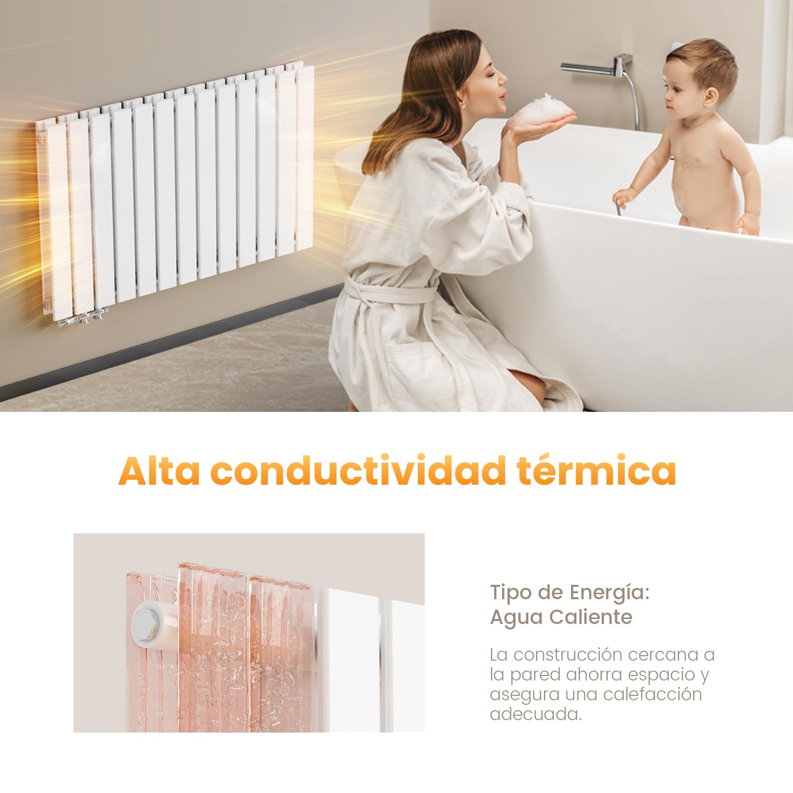 EMKE Radiador Pequeño Vertical 600x300 mm, Plano Estrecho para Baño, Conexión Central, Doble Panel, 327 Vatios, Blanco