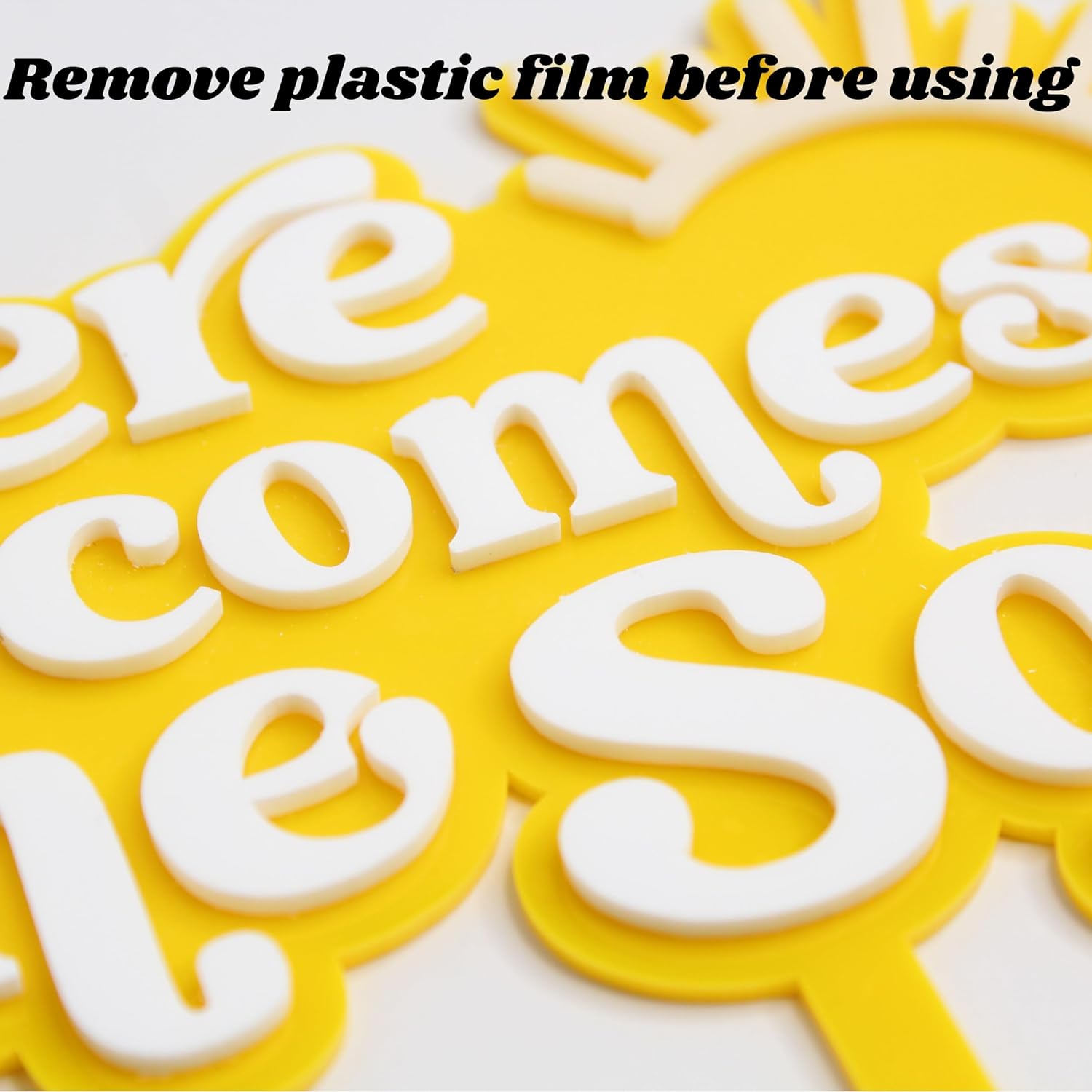 Here Comes the Son Cake Topper, Double Layered Acrylic, Yellow and White- 1 pack - Image 3