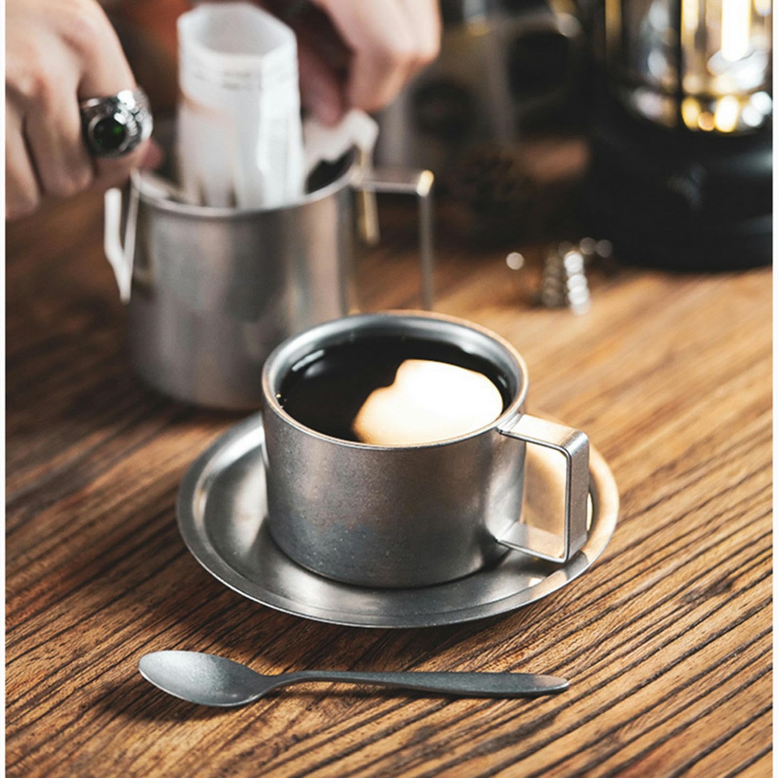 MdybF Edelstahlbecher Retro -Serie Kaffeetasse Set Doppelwand 304 Edelstahl Mit Kaffeelöffel Kaffeescheibe Frosted Industrial Style Tea Tasse Set