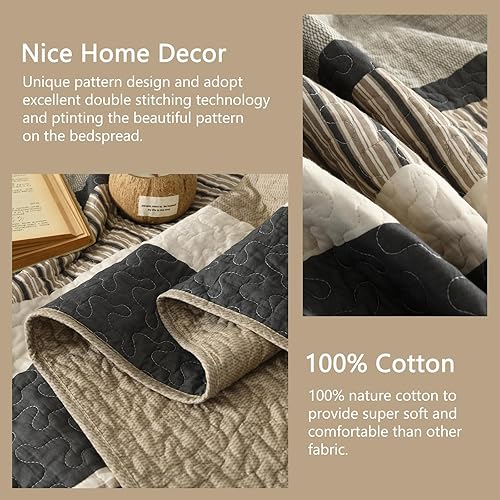 Miniatura 4 de Finlonte Colcha tamaño King, 100% algodón, colcha de gran tamaño King de tamaño King, color marrón carbón, beige, California King, acolchada, a