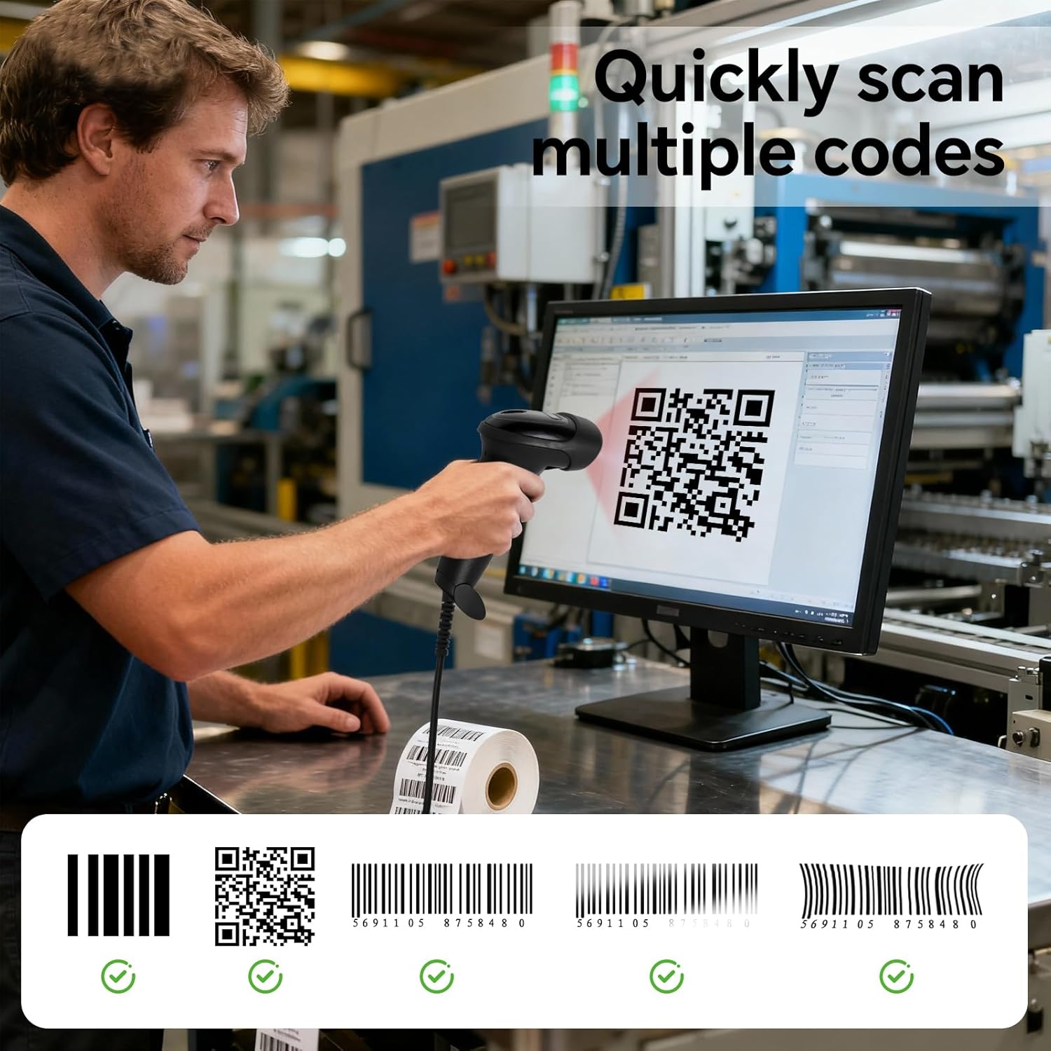 A person scanning multiple types of barcodes and QR codes displayed on a computer monitor with the YANZEO S200 scanner.
