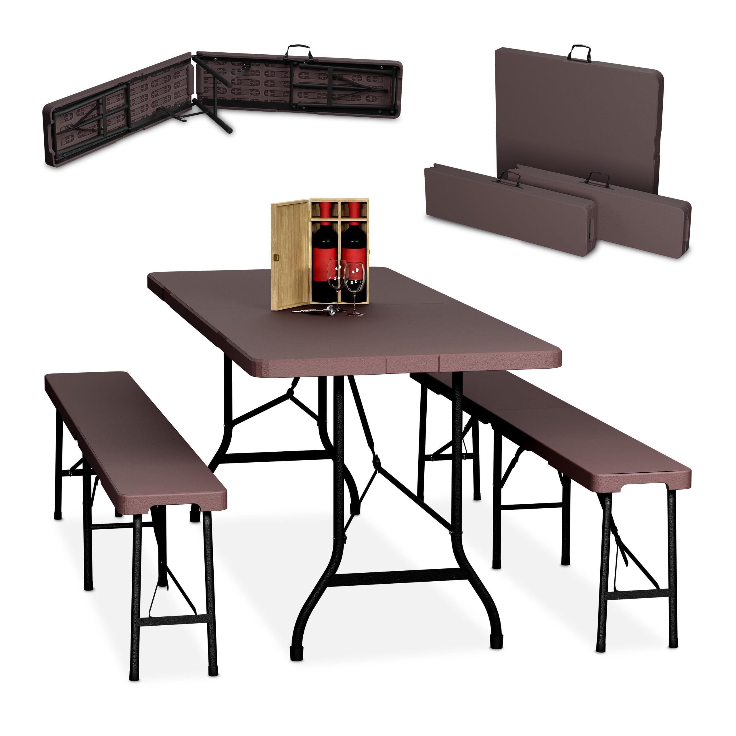Mesa de exterior y bancos para camping o recepción en este conjunto de jardín plegable