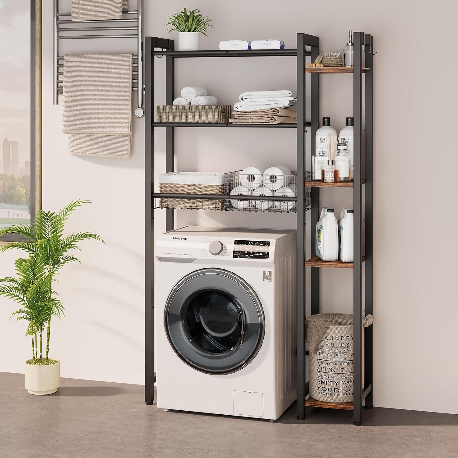 Over The Toilet Storage with Side Rack, 7-Tier Bathroom Organizer with Adjustable Shelf & Drain Basket & 4 Hooks, Freestanding Space Saver for Balcony, Laundry (Vintage Brown)