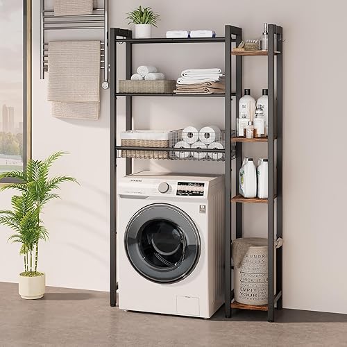 Miniatura 7 de Almacenamiento sobre el inodoro con estante lateral, organizador de baño de 7 niveles con estante ajustable y cesta de drenaje y 4 ganchos, ahorro