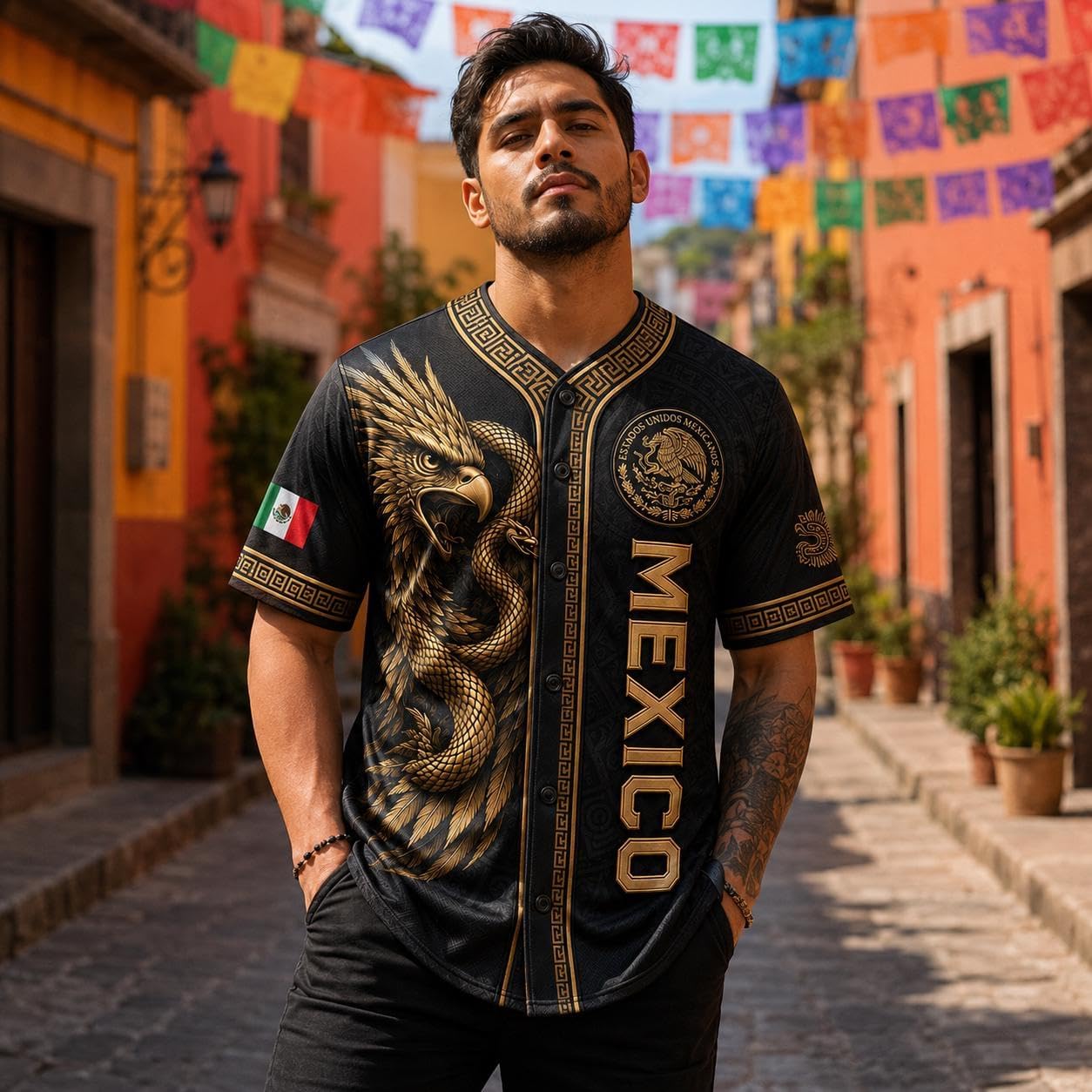 Mexico Baseball Jersey for Men Women, Mexican Flag Button Down Shirt, Aztec Eagle Heritage Short Sleeve Jersey 3