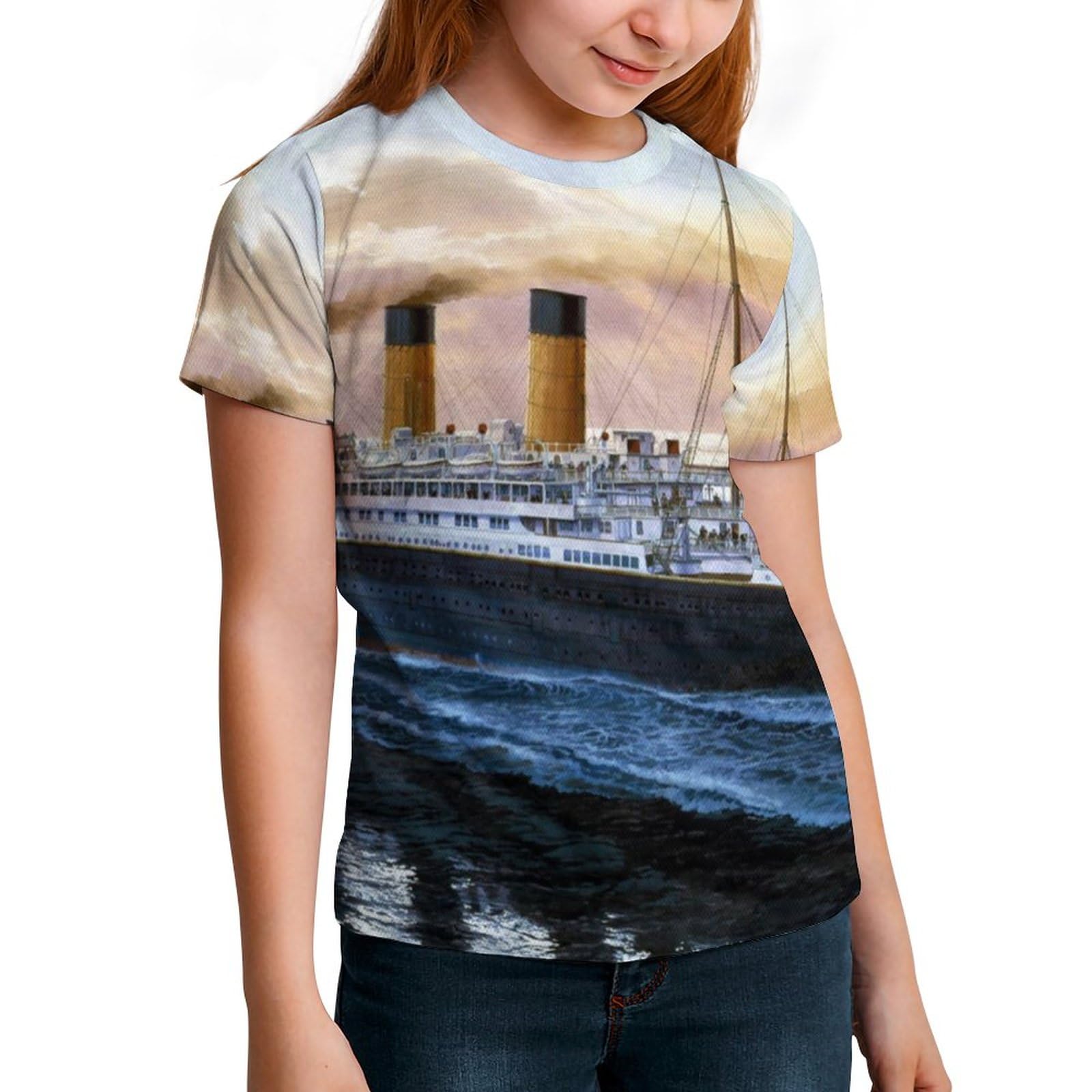 Retro Titanic Famous Old Historic Pullover T-Shirt for Boys Girls Short Sleeve Crewneck Shirts Casual Tee Top 130CM