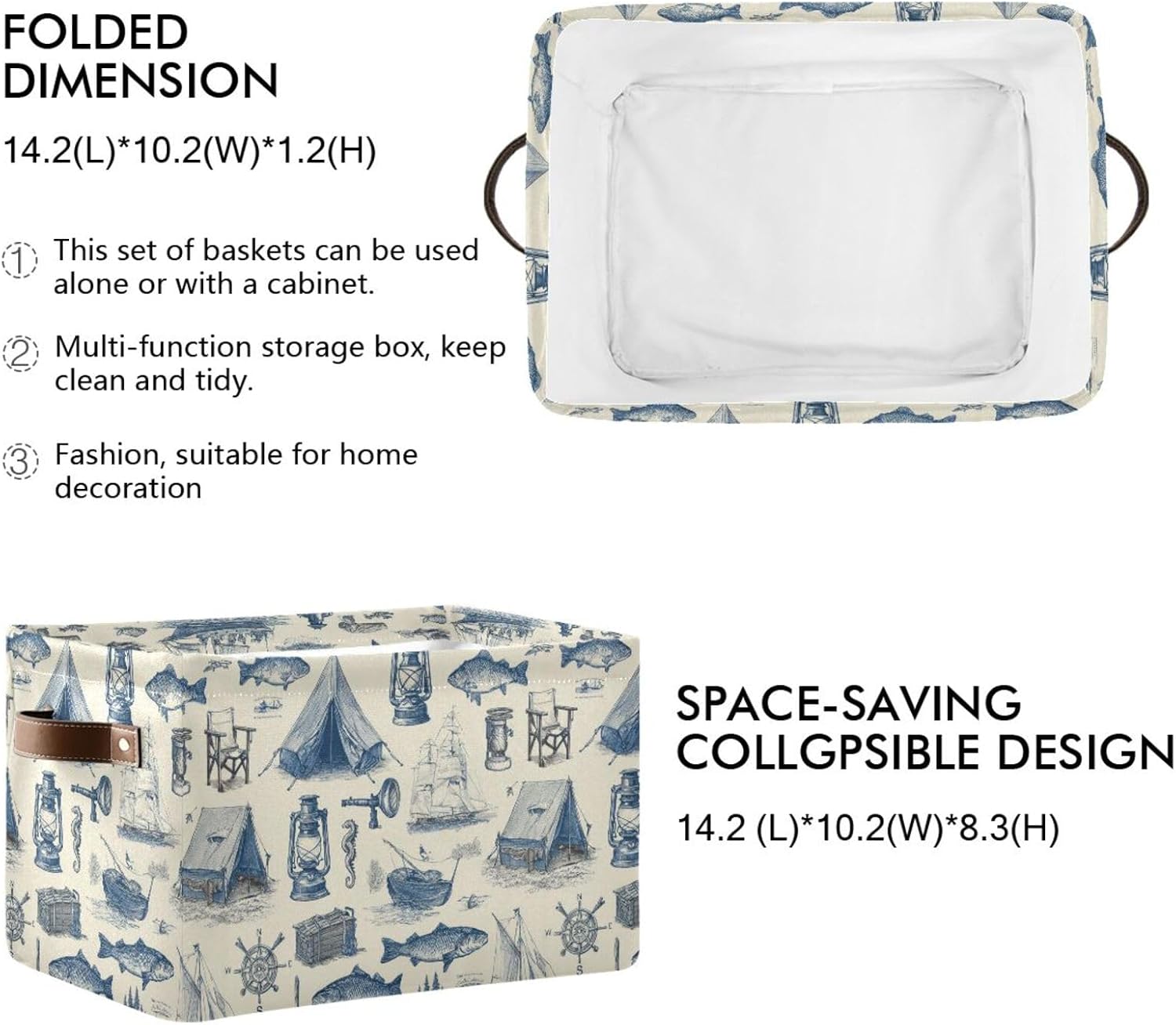 Camping Yellow Fish Retro Storage Basket Waterproof Canvas Fabric Decorative Storage Bins Collapsible with PU Handles for Home Bedrooms image 3