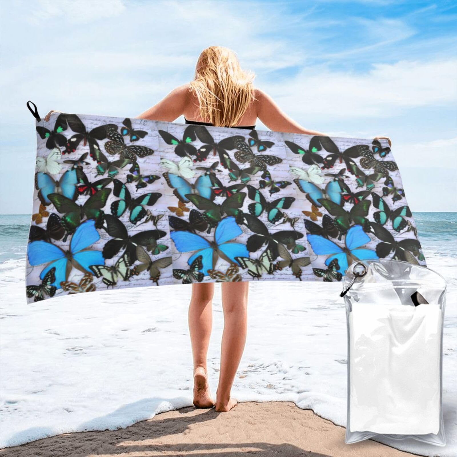 Jiuty White Butterfly Print Fast Dry Beach Towel Portable For Swimming Travel Gym Hiking Gift