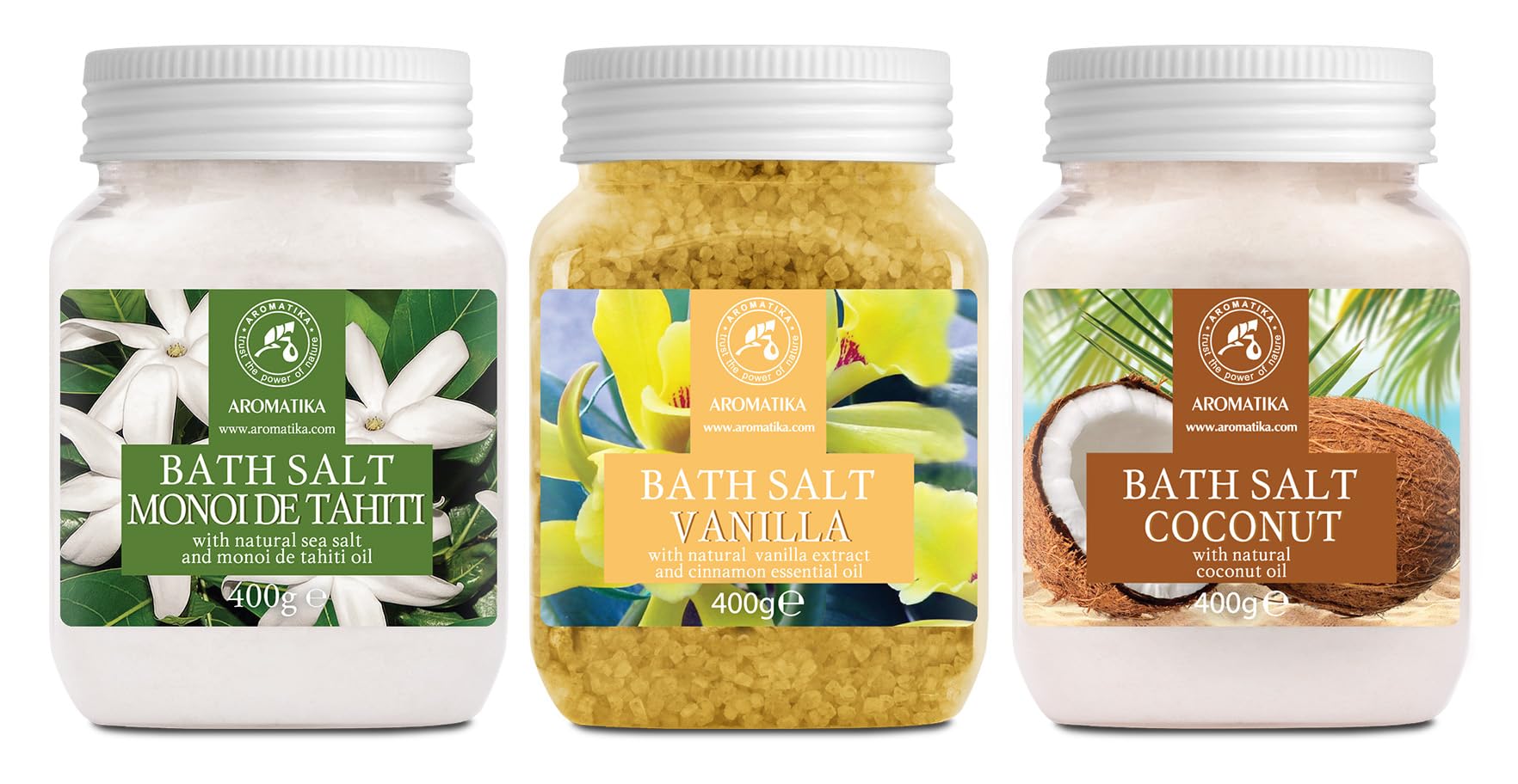 Set Sali da Bagno con 3x400g di Monoi de Tahiti - Vanilla - Cocco - Naturale al 100% - Ideale per Dormire Bene - Antistress - Bagno - Cura del Corpo - Benessere - Bellezza - Rilassamento - Spa