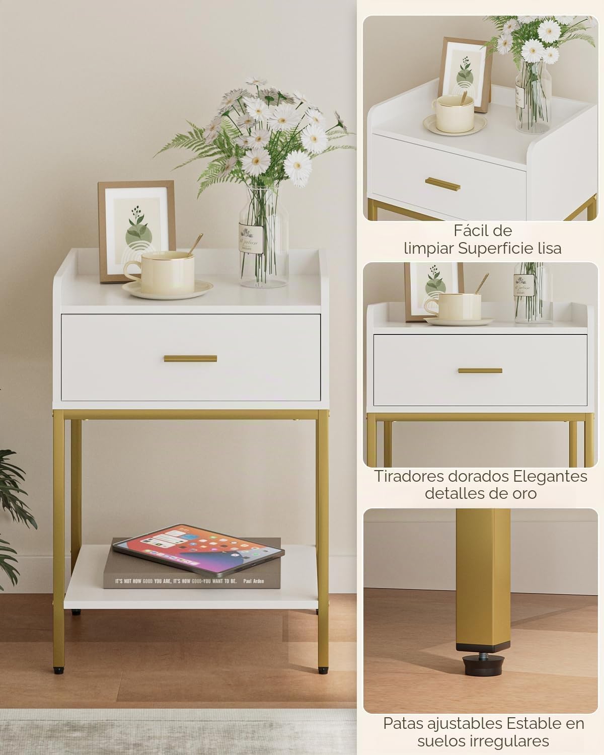 HEYZOEY Mesita de Noche Moderna de 3 Niveles con cajón de Almacenamiento y Estante, Mesa Auxiliar pequeña con Patas Doradas para Dormitorio, Sala de Estar, Color Blanco