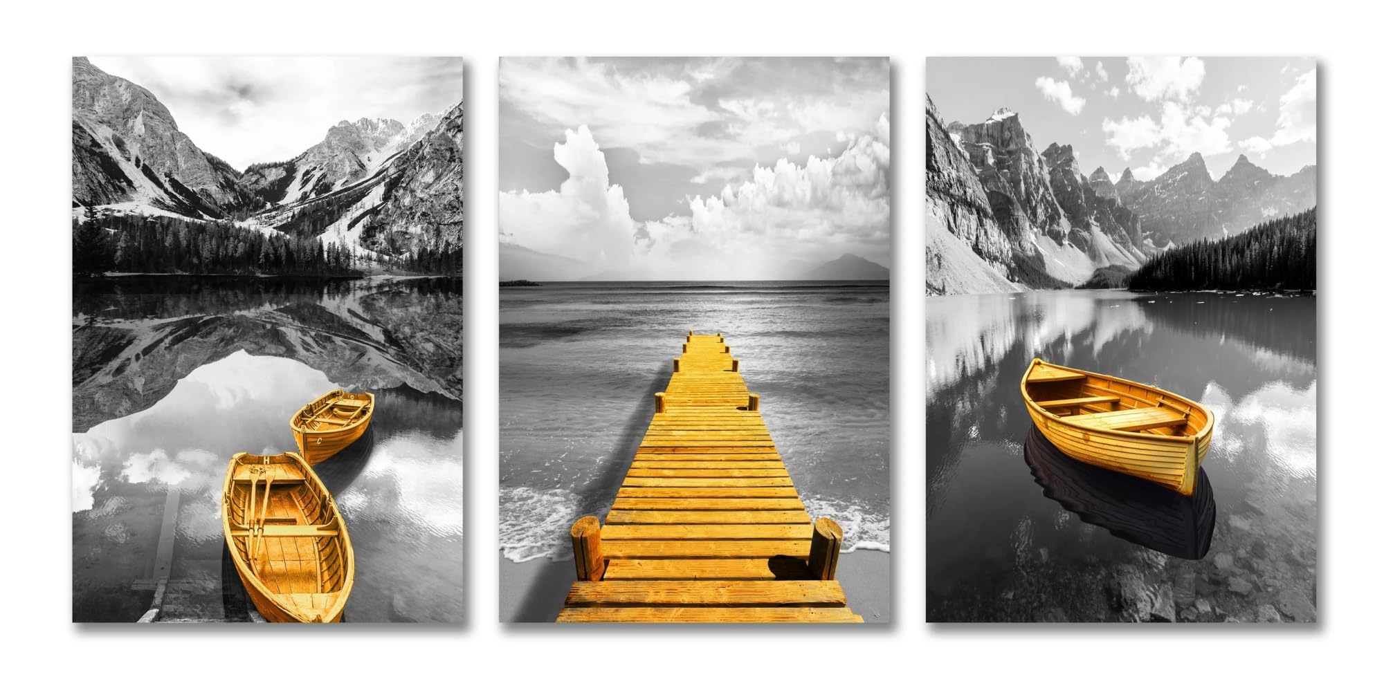 Tableau Déco Nature 3 Pièces pour illuminer un mur sombre avec le bateau jaune et lac