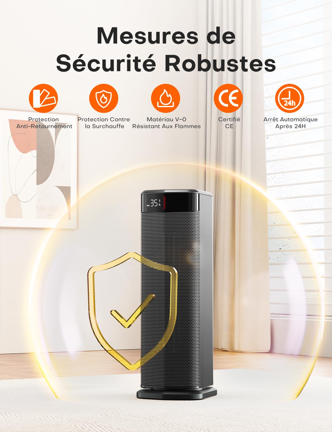 QEXREED Chauffage d'appoint, 90°Oscillation 2000W PTC Radiateur Electrique, 4 Modes, Mode ECO, Thermostat, Minuterie 24H, Télécommande,Sécurité Anti-chute et Surchauffe pour Usage Intérieur
