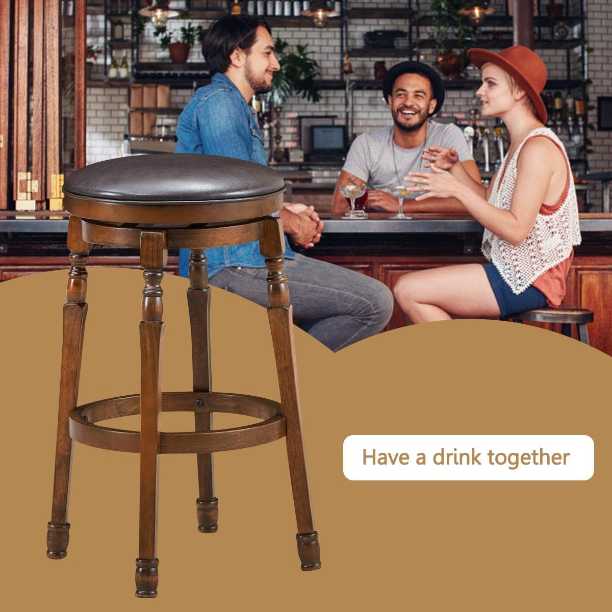 COSTWAY Backless Bar Stools Set of 2, 29-Inch Counter Height Round Stool with 360° Swivel Cushioned Seat, Soft PU Leather Barstool with Sturdy Natural Rubber Wood, Easy Assemble for Home Pub Cafe
