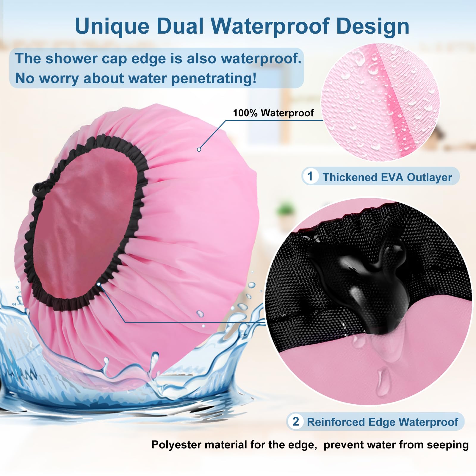 Sheomern 3 Pieces 16.5 Inch Super Jumbo Shower Cap Women, Extra Large XXL Double Waterproof Shower Caps, Adjustable - Image 3