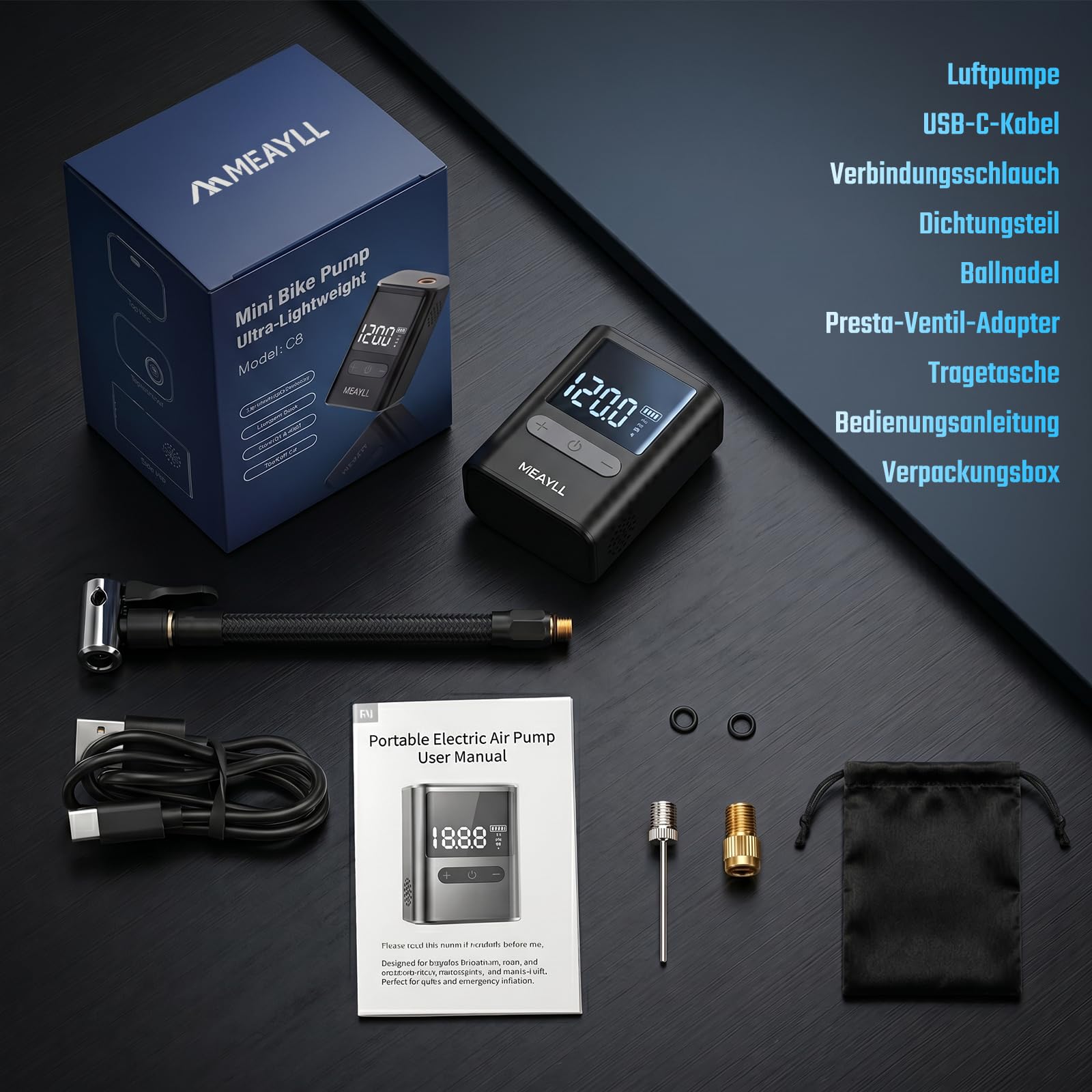 Mini Fahrradpumpe Elektrisch mit Manometer, 120 PSI Mini Pumpe für Auto-Stopp und schnelles Aufpumpen, 500 mAh Akku Luftpumpe Fahrrad mit Presta- und Schrader-Ventil für Rennrad, MTB, E-Bike, Motorrad