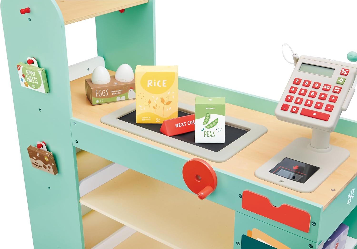 Close-up of Hape Smart Wooden Supermarket cash register and scanner