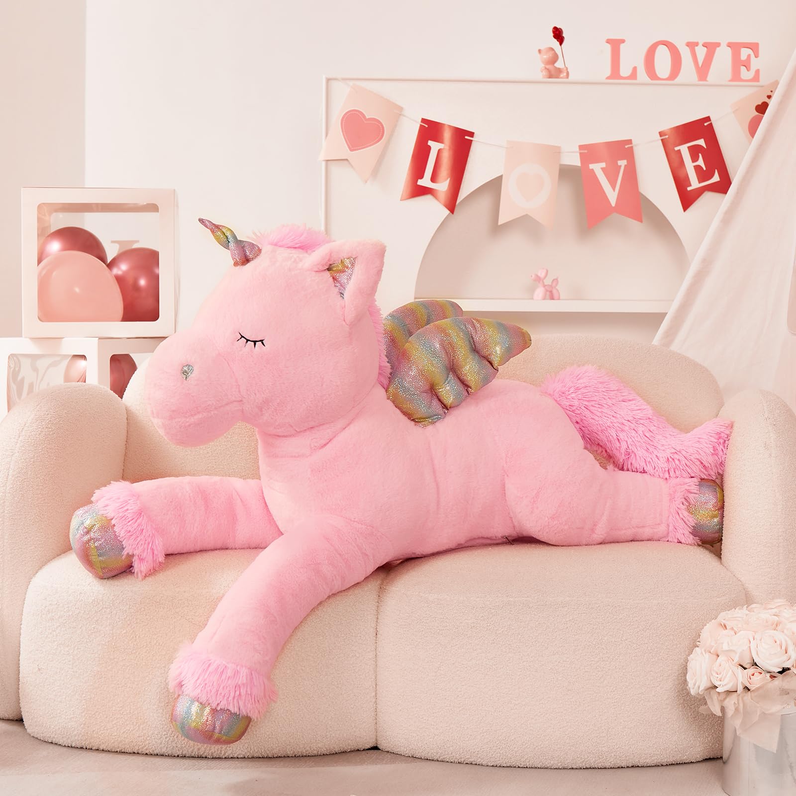 MorisMos XXL Unicornio Peluche Grande, 110cm Rosa Unicornio Gigante con Alado, Kawaii Suave Animal de Peluche Regalos para Niños Novia Cumpleaños Navidad