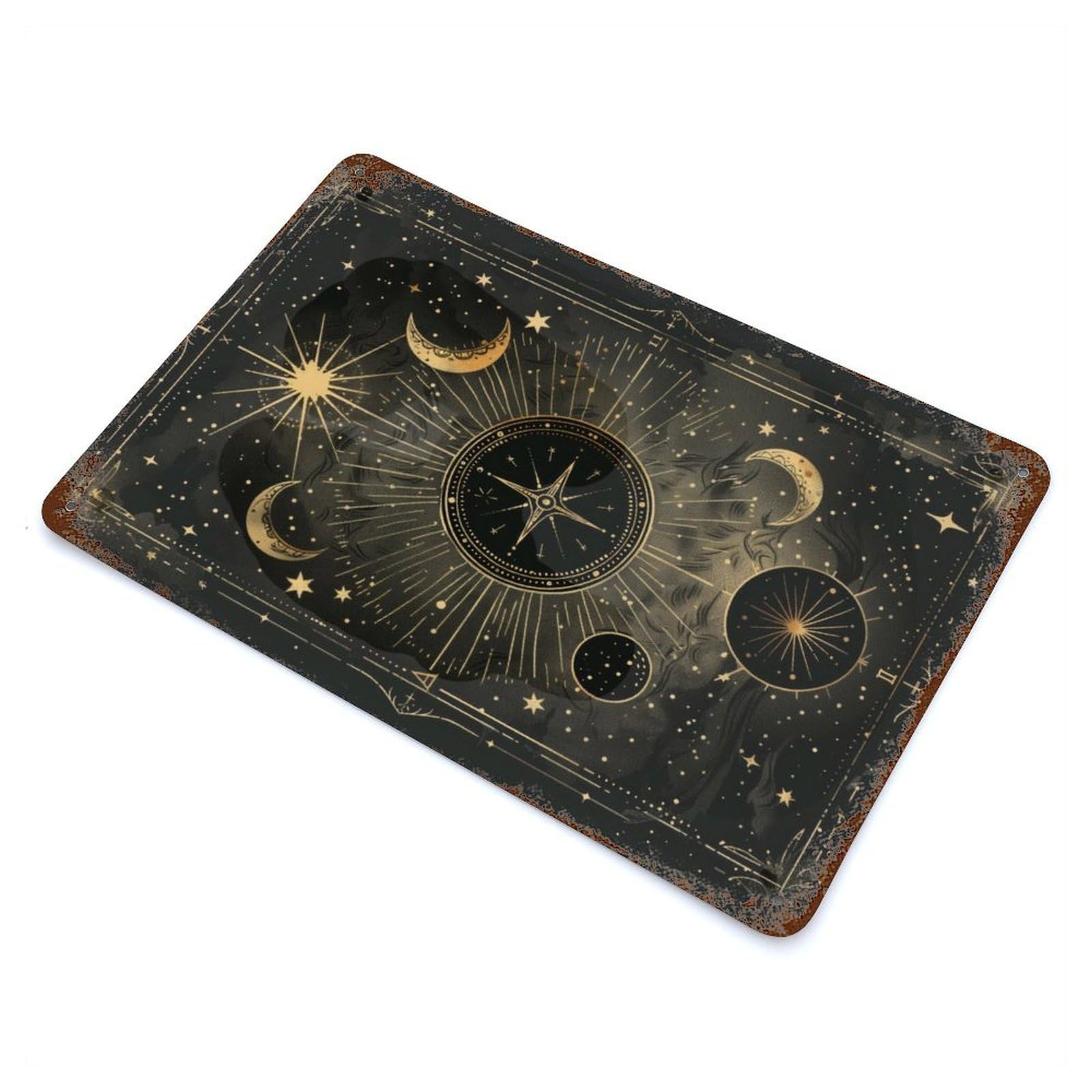 Aged Metal Wall Plaque with Lunar Compass Design 11.8"x7.9", for Farmhouse, Kitchen And Entryway Decor, Retro Wall Decor