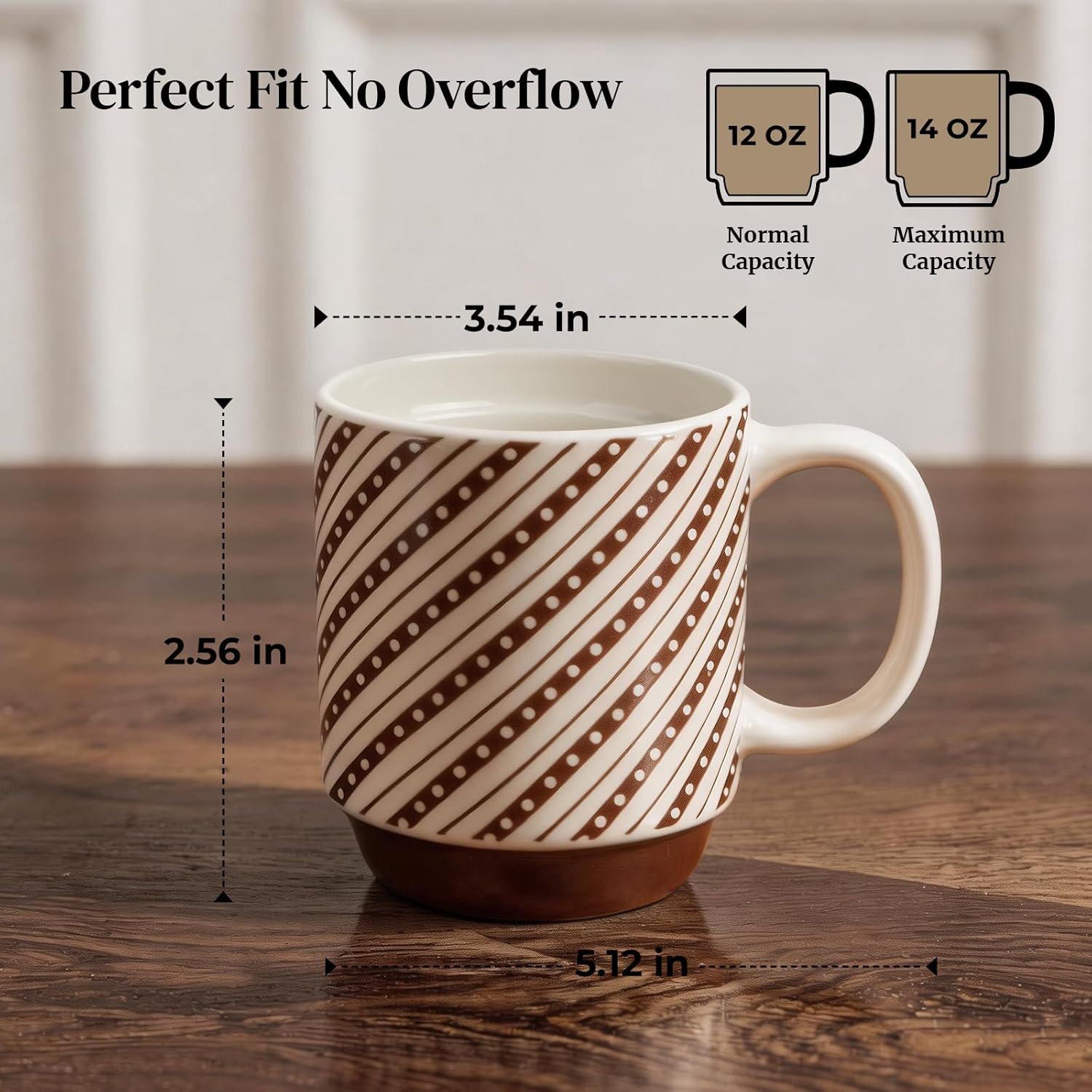 DOWAN Stackable Coffee Mugs, 12 oz Ceramic Coffee Mug Set of 4, Coffee Cups with Geometric Patterns for Latte, Cappuccino, Cocoa, Dishwasher & Microwave Safe, Off White