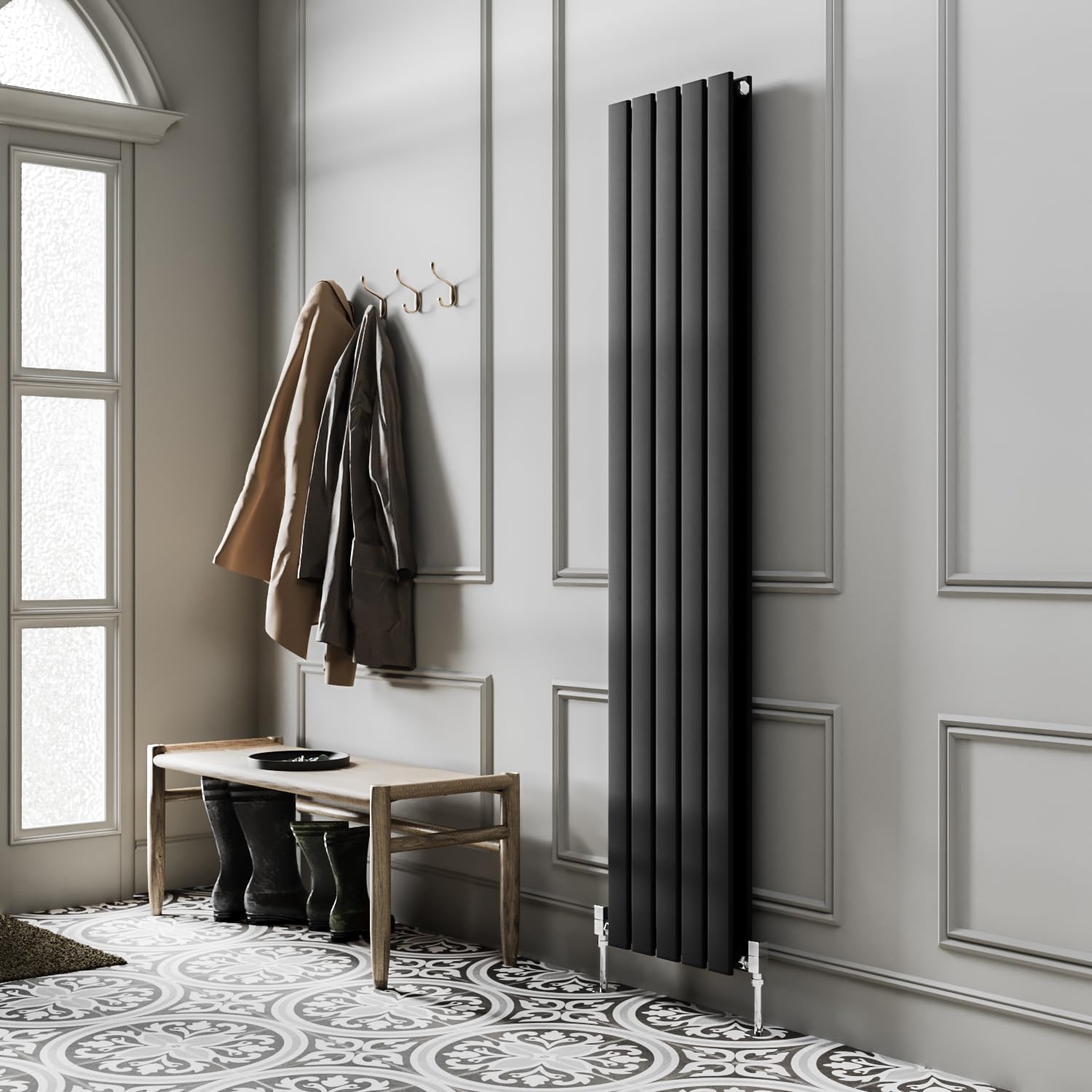 Go Bathrooms Pinta 1800 x 340mm Vertical Radiator Black Flat Panel Double Column Tall Upright Radiator Matt Black Wall Mounted Central Heating Includes Mounting Brackets