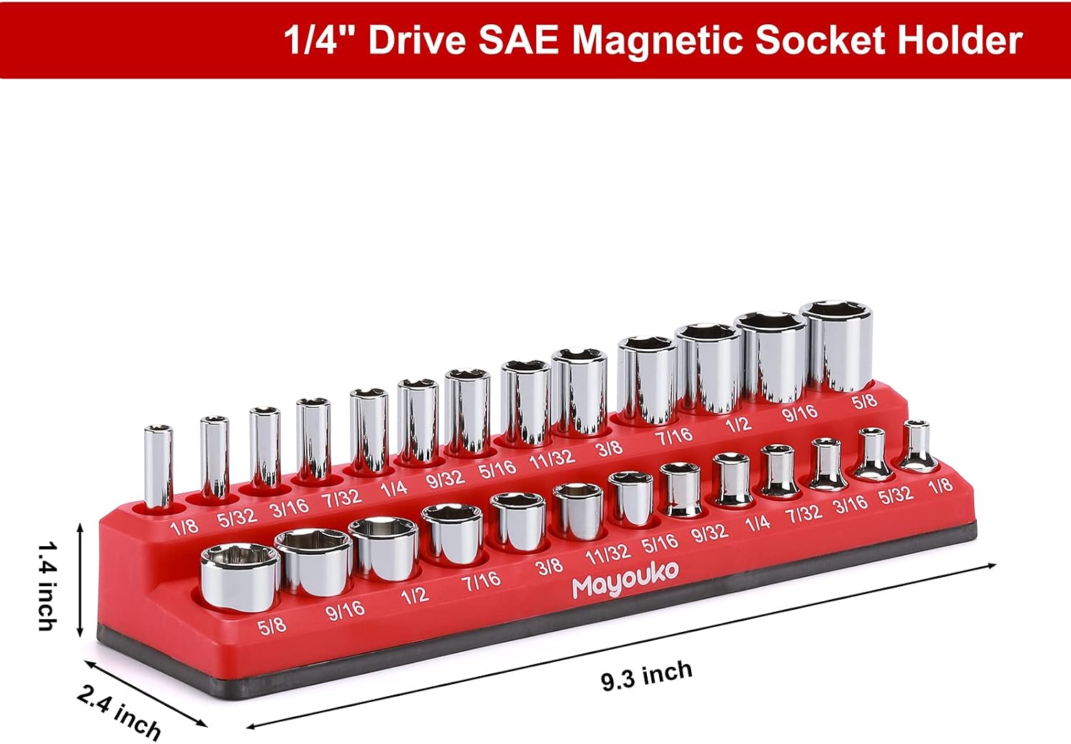 Mayouko 1/4 Inch Drive SAE Magnetic Socket Organizer, Holds 26 Standard&Deep Sockets, Socket Holder Kit, Tool Organizer for Shallow and Deep Sockets, Red