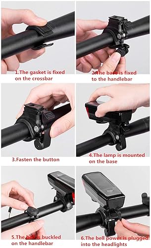 Miniatura 6 de Juego de luces delanteras de bicicleta recargables por USB solar, 5 modos, 120db, campana de bicicleta, 350 lúmenes, 4 modos, impermeable, salida