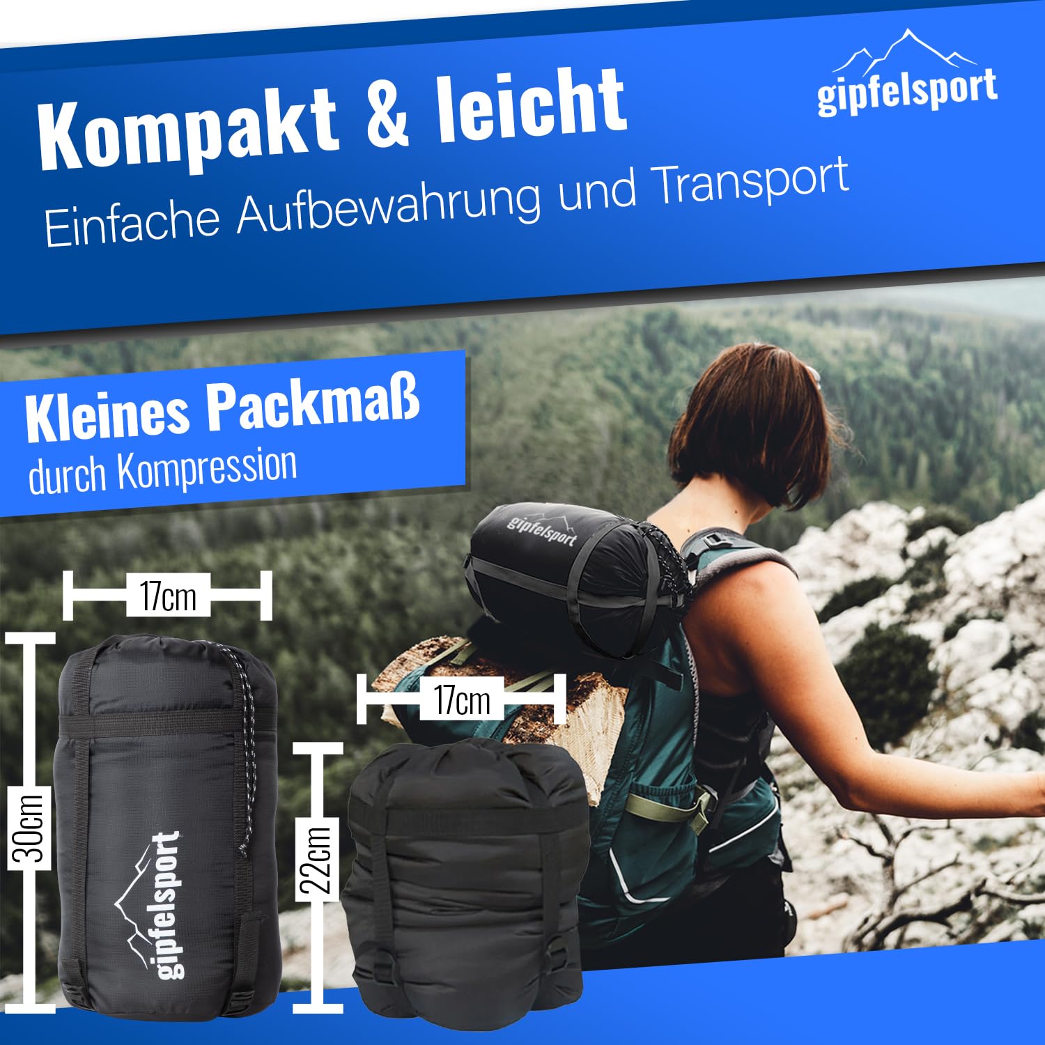 gipfelsport Sacco a Pelo - Sacco a Pelo Rettangolare per Outdoor con Borsa per Adulti e Bambini | per Inverno, Autunno e Primavera