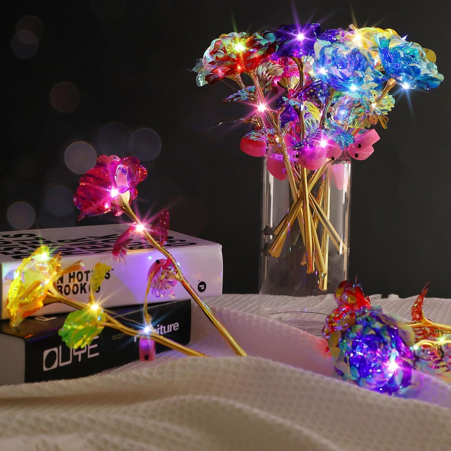 Lyrow 36 Pcs Galaxy Rose LED Light up Rose Flower Gifts Crystal Artificial Rainbow Flower for Mom Her Lover Girlfriend Mother's Day Wedding Birthday Gift, 9.84 Inches (Multicolor)