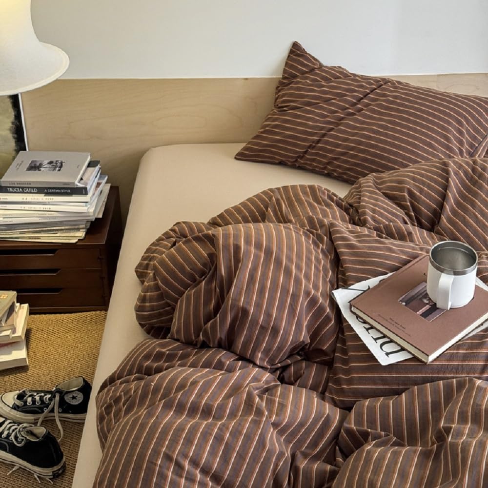 Lanqinglv, set di biancheria da letto, 200 x 220 cm, marrone a righe, anti-allergenico, in microfibra, set di biancheria da letto ÖKO-TEX - copripiumino con cerniera e 2 federe da 80 x 80 cm