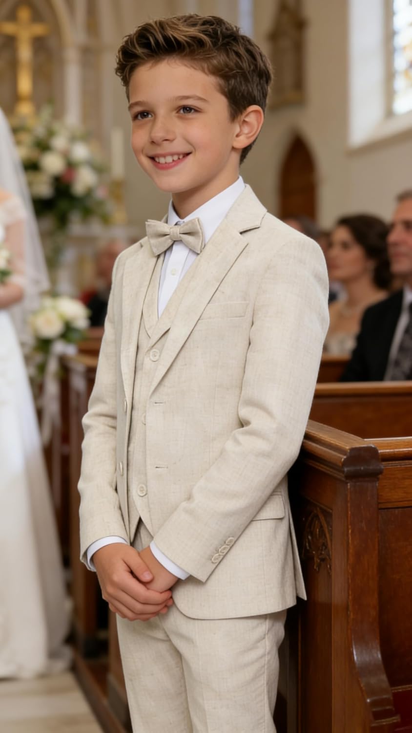 Boys Linen Suit Casual 3 Pieces Boy Formal Suits for Kids Tuxedo Summer Beach Wedding Outfit Blazer Vest Pants Set - Image 5