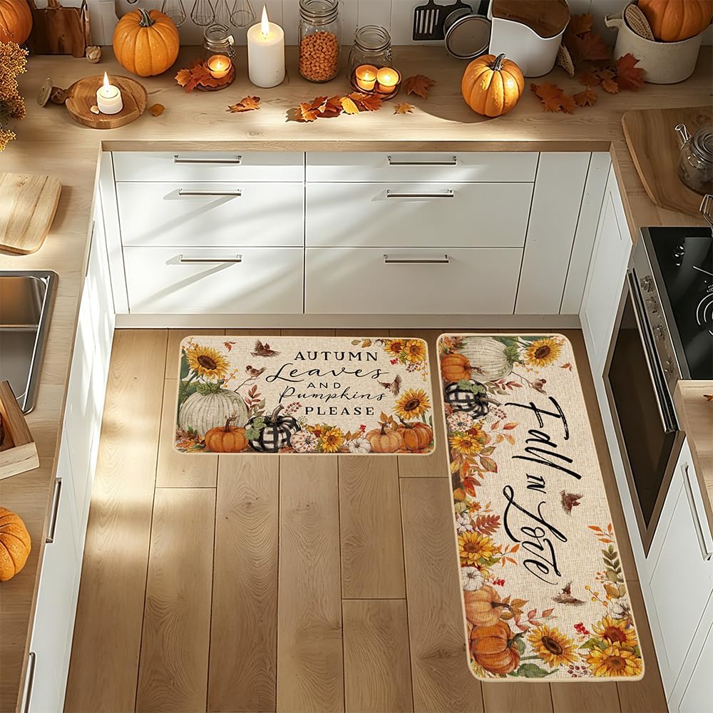 Baccessor Fall Kitchen Mats Set of 2, Pumpkin Bird Fall in Love Kitchen Rugs for Floor Low-Profile Farmhouse Thanksgiving Home Decor 17x29 and 17x47 Inch