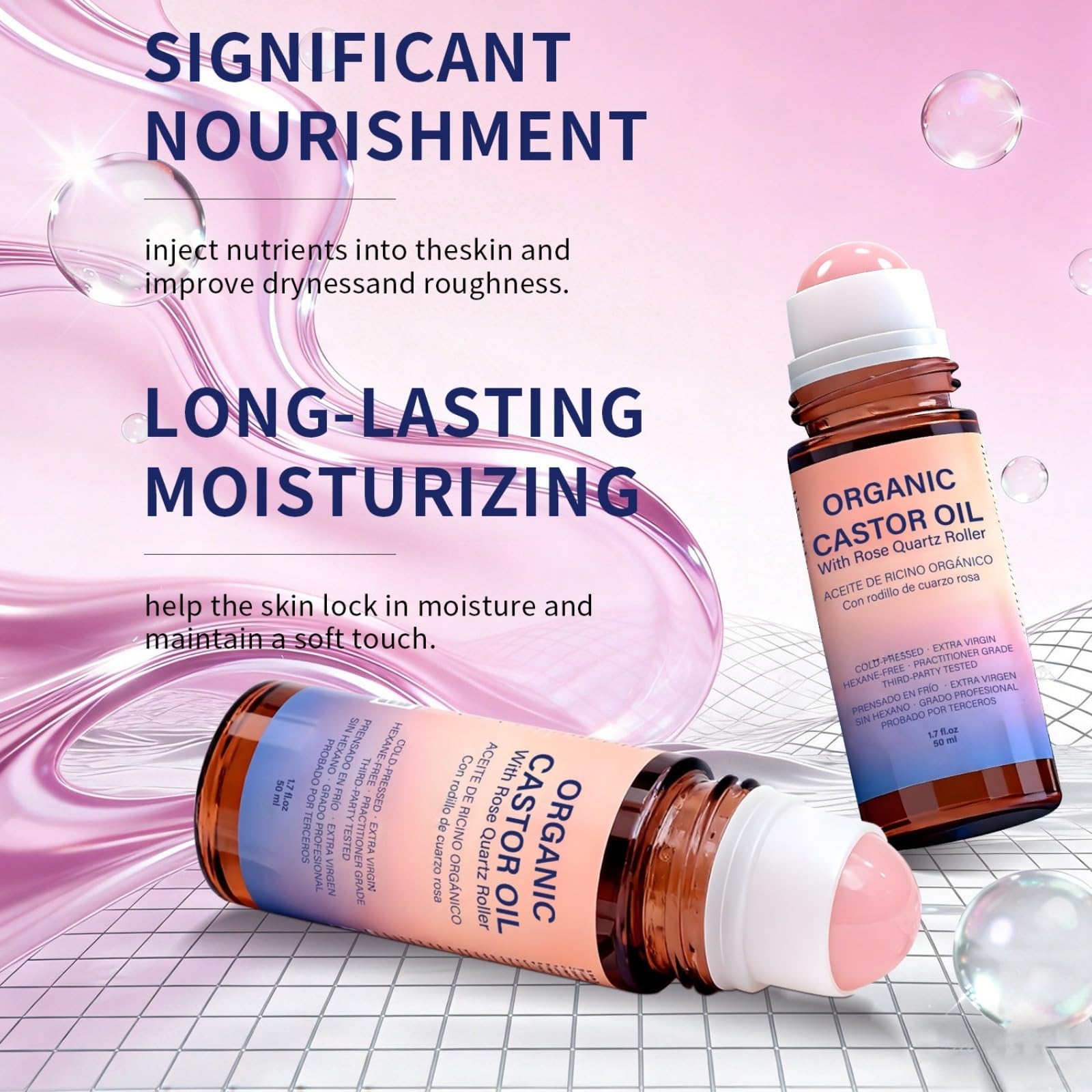 Organic Castor Oil Roll-On, Rose Quartz Roller, Cold Pressed, 50 ml