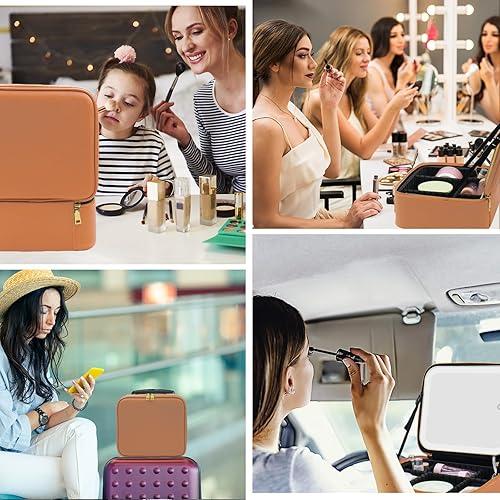 Miniatura 6 de RRtide Bolsa de maquillaje con espejo de luz LED, estuche de viaje para maquillaje, organizador de bolsas de cosméticos con divisores ajustables,