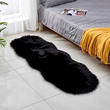 Ultra Soft Faux Fur Rug - 2x5 Feet 17 Colors Faux Sheepskin Fur Area Rug Shaggy Couch Cover Seat Cushion Furry Carpet Beside Rugs for Indoor Bedroom,Living Room Runner,Dorm Room (Black)