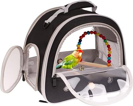 Portable Parrot Travel Cage Carrier with Small Swing Toy&Cage Colorful Toys Set Small Bird Parakeet Bag with Standing Perch Bird Carry Transport Bag Black, Carreir/Swing