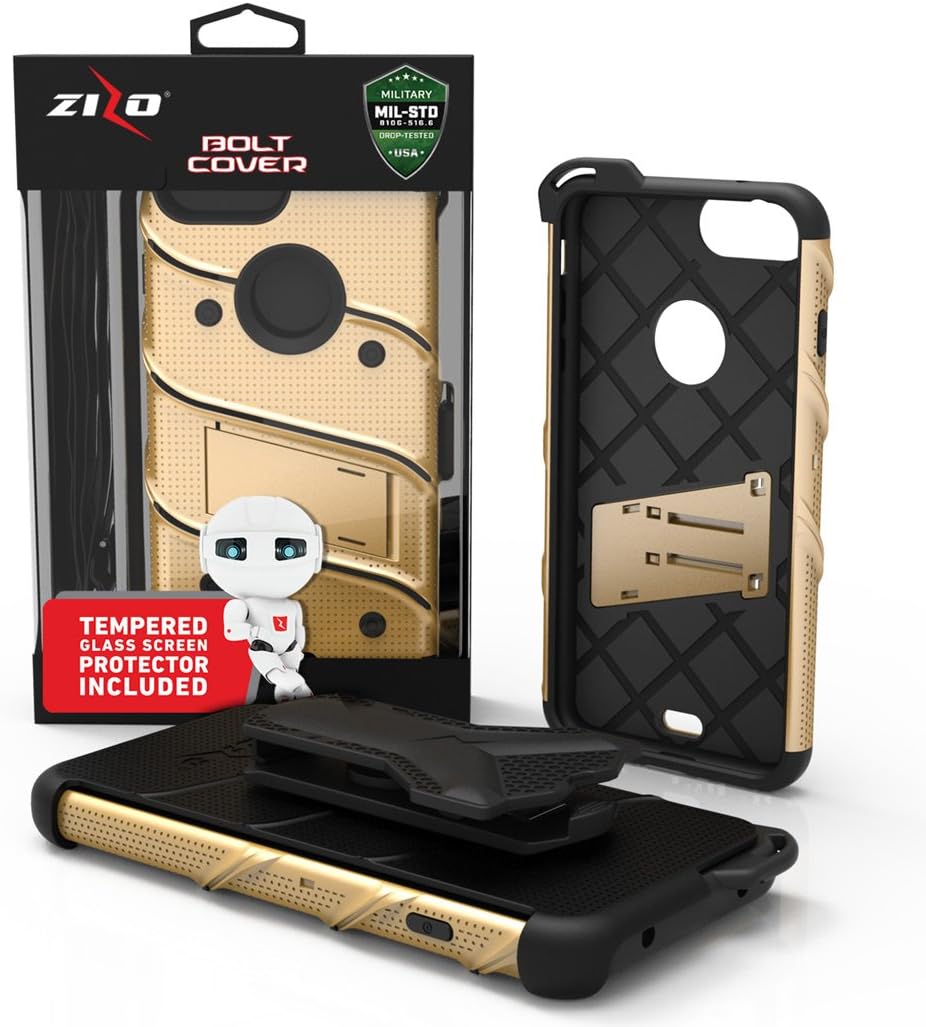 ZIZO Bolt Series for iPhone 8 Plus Case Military Grade Drop Tested Tempered Glass Screen Protector Holster iPhone 7 Plus case Gold Black