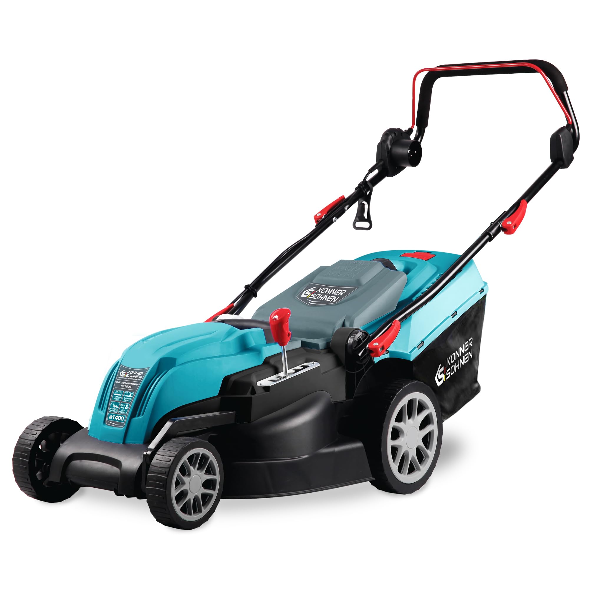 K&S Könner&Söhnen Tosaerba elettrico KS 38LM, potenza 1400 W, velocità a vuoto 3250 giri/min, larghezza di taglio 380 mm, altezza di taglio 25-75 mm, 5 posizioni, scatola raccolta erba 40 l