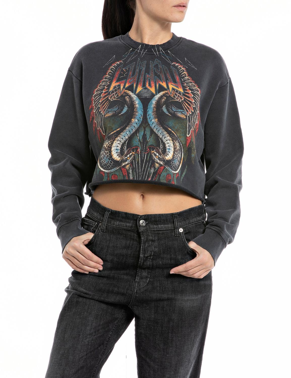 REPLAY Damen Sweatshirt Cropped, Blackboard 099 (Schwarz), L