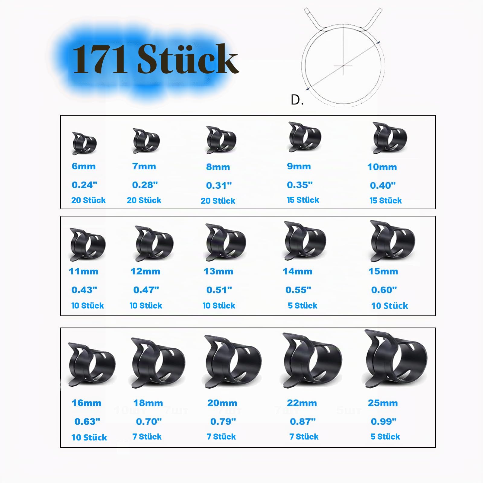 ML&SL 171-teiliger Satz Federbandschellen, 6-25 mm, Schwarz, Schlauchschellen, Federrohrschellen, Hardware-Klemmen, Zange, Kraftstoffleitung, Silikon, Vakuumschlauch, Niederdruck-Luftklemme