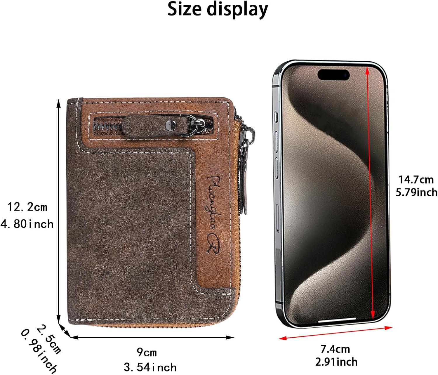 Men's Bifold Wallet, Zipper Short Wallet, Vintage Two-Tone Patchwork, Card Holder with Coin Pocket, Multi-Function, Brown (Dark brown)