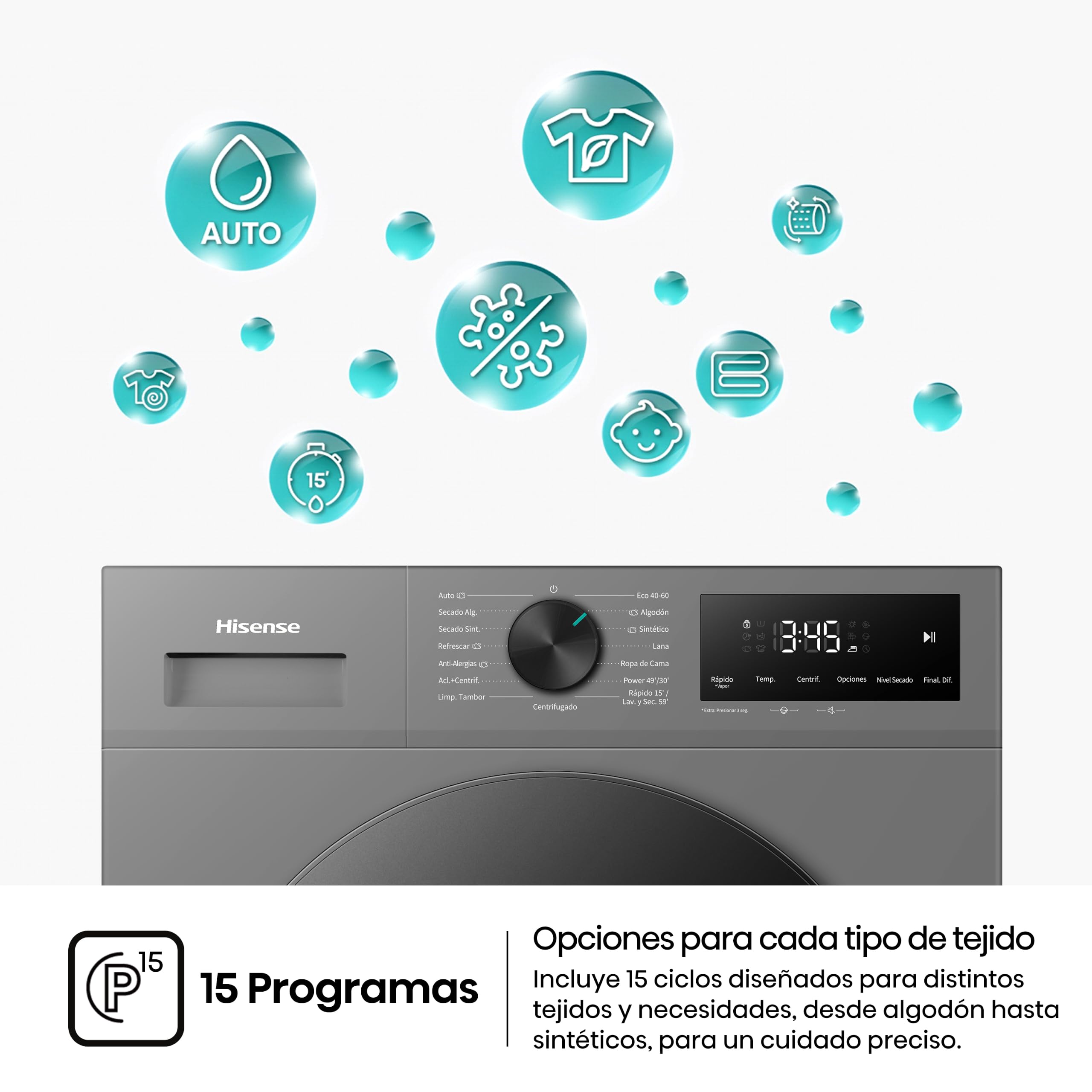 Hisense WD1I9042BTF2 - Lavasecadora 9 kg/5 kg, Fondo 47cm, 1400 rpm, Lavado y Secado 59', Dispensador Automix, Programa Lavado Auto, Función Antiarrugas, Lavado Pure Jet, Función Vapor 99,9%, Silver