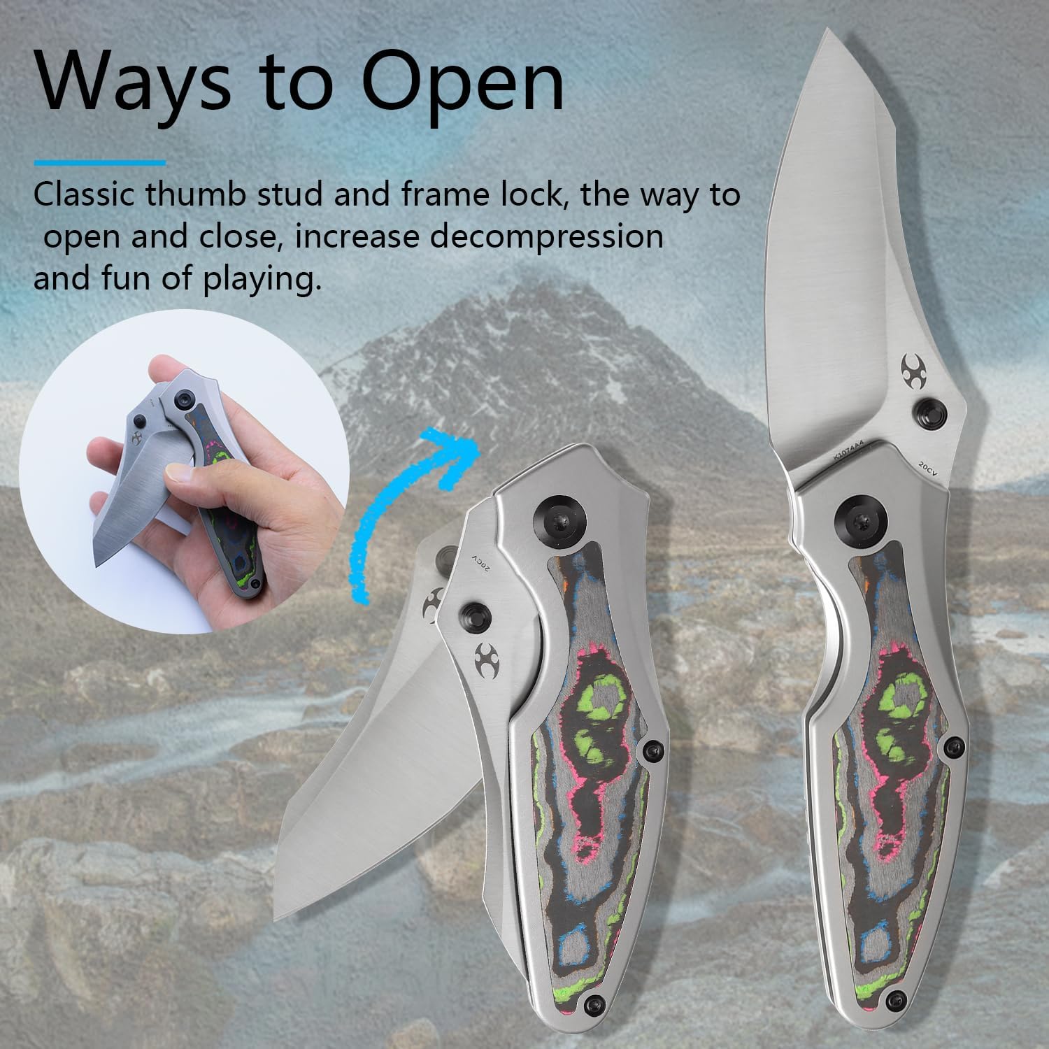 KANSEPT Baba Yaga Pocket Folding Knives for Men Women Camping Hiking Folding Knife 3.06'' Satin CPM 20CV Blade EDC Knife with Bead Blasted Titanium 80S Camo Carbon Inlay Handle Everyday Carry K1074A4