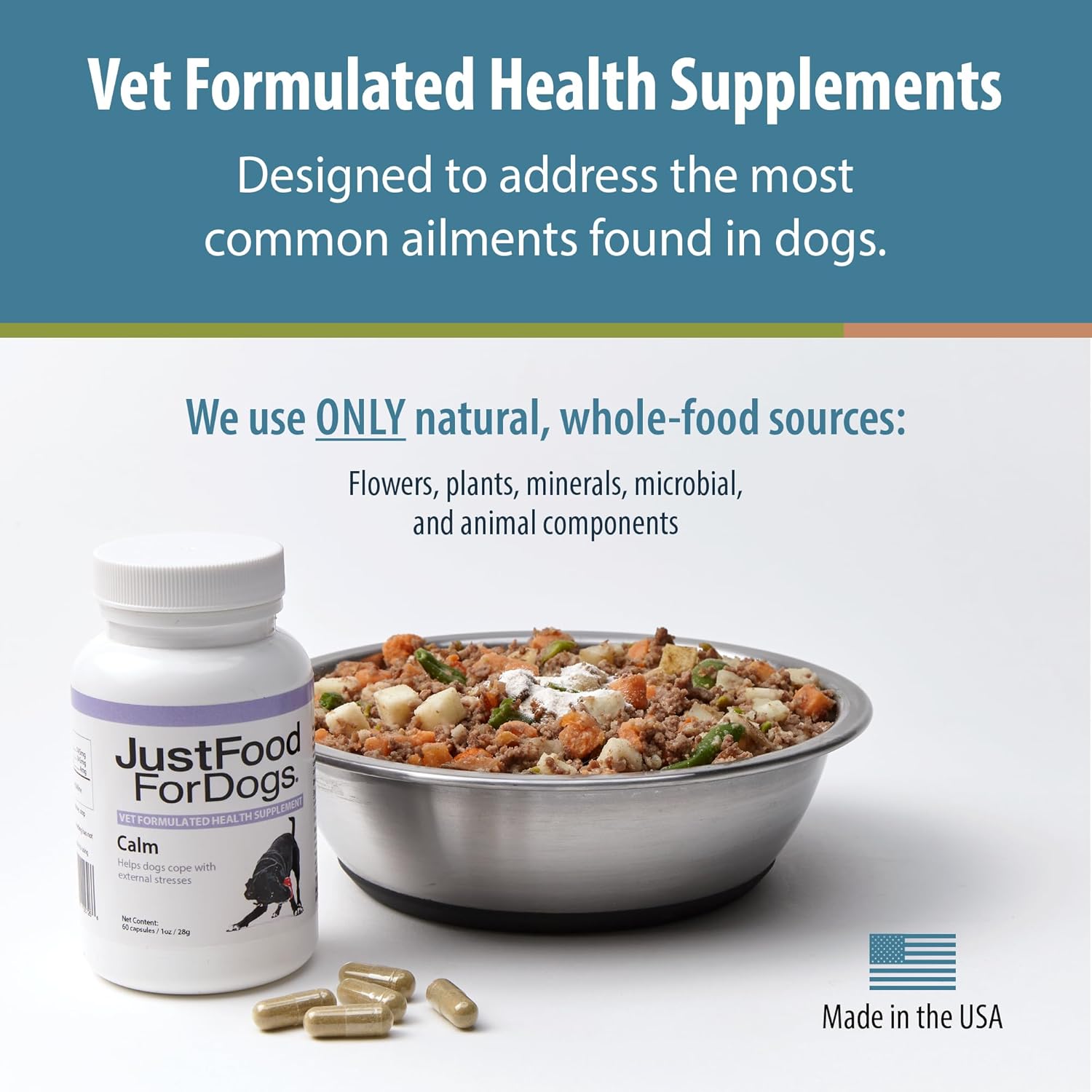 JustFoodForDogs Calm, Dog Calming Supplement for Stress, Anxiety, Travel, Thunderstorms, Hyperactivity, Fireworks - 90 Count