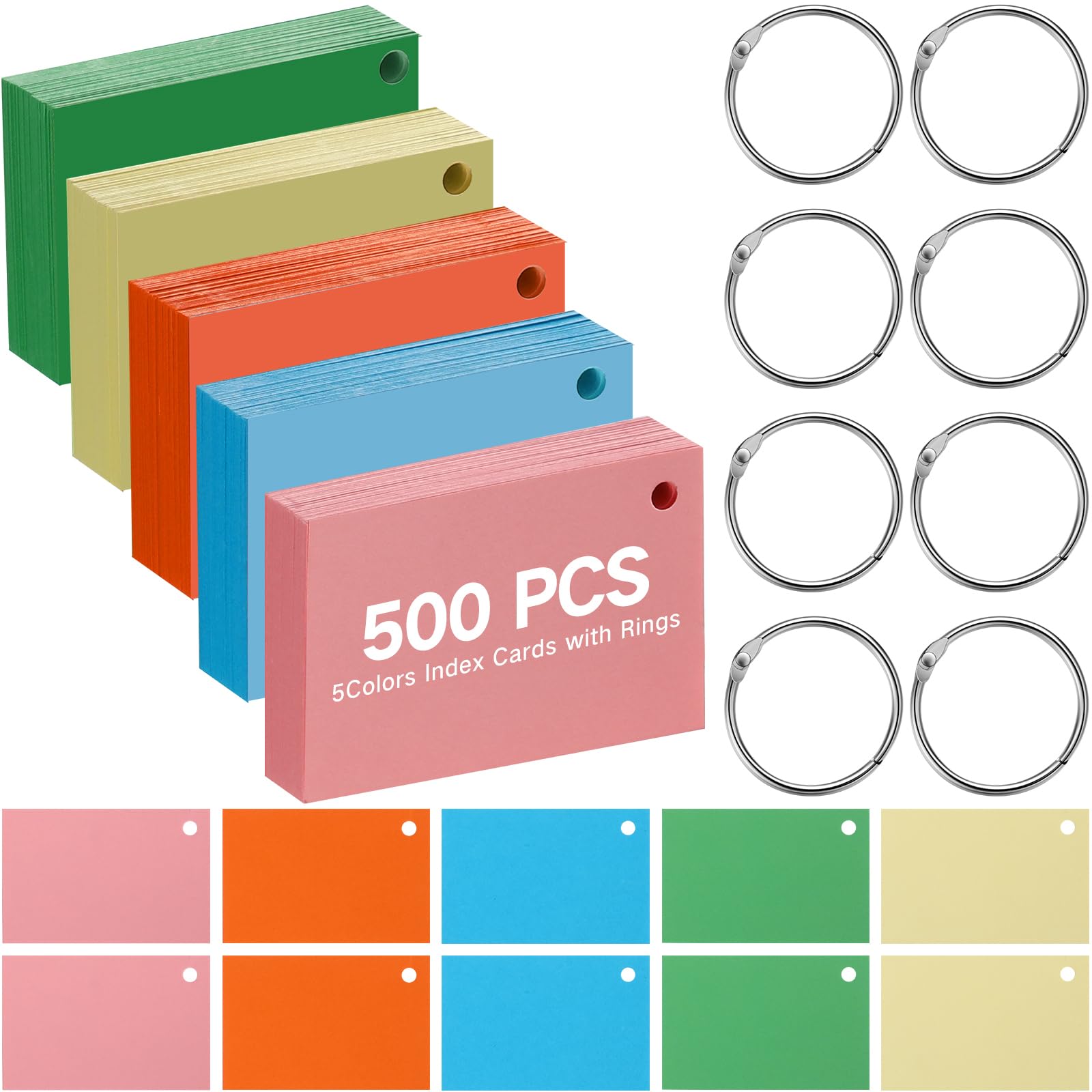 500 Pcs Index Cards With Rings - 4x6 Inch Lined Flash Cards, Fresh Colors, With Metal Rings - View #6