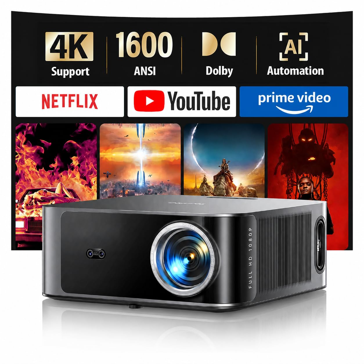 Proiettore 4k【Netflix Ufficiale/1600 ANSI/36W Dolby Audio】Proiettore Wifi 6 e Bluetooth Bidirezionale AI Autofocus/Evita Ostacoli Proiettere TV TOPTRO X9 Videoproiettore per PS5/Esterni/Home Theater