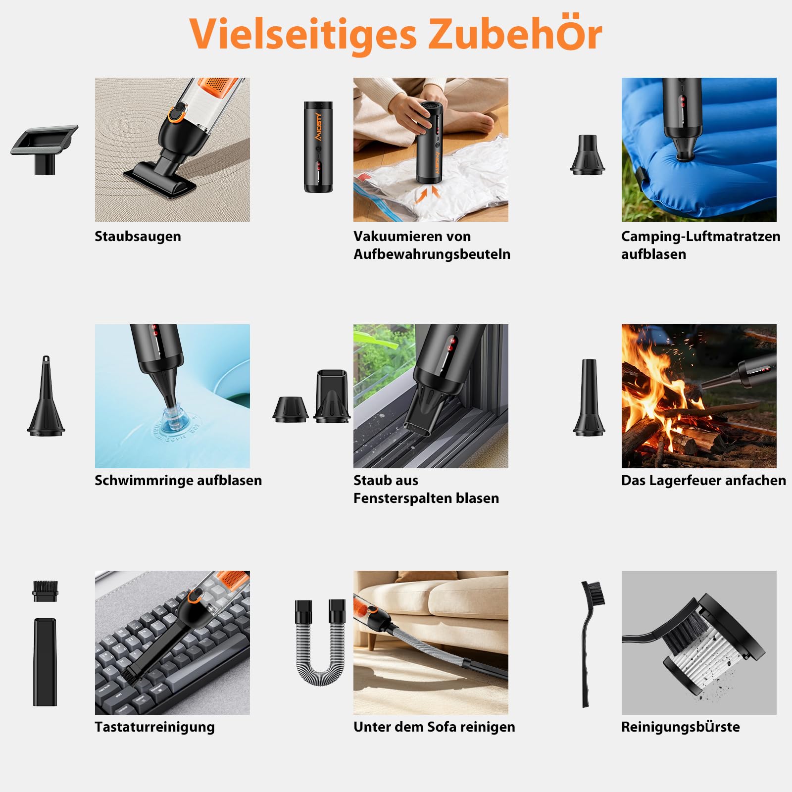 Handstaubsauger Akku 30000Pa, 4-in-1 Akku-Autostaubsauger Bürstenloser Motor, Auto Staubsauger Stark Handstaubsauger Auto 7800-mAh-Akku 50 Min Laufzeit 1,5 Std Schnellladung Aluminiumgehäuse
