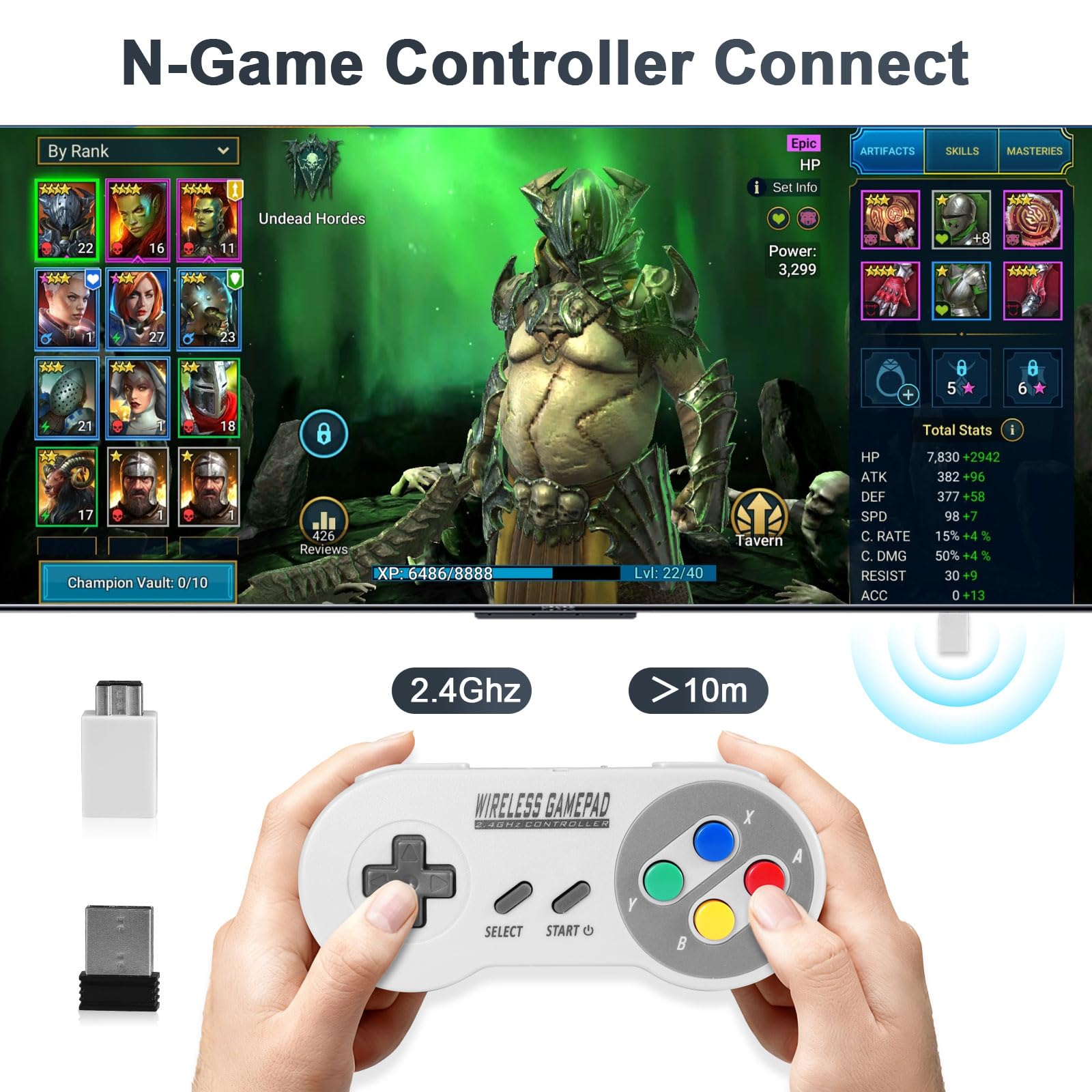 Binghe Controller SNES Wireless, SNES Game Controller Classic Mini Edition con Ricevitore SNES e Ricevitore USB 2.4GHz Compatibile con Switch/Switch OLED/Windows PC/MAC OS/Raspberry Pi(2 pezzi)